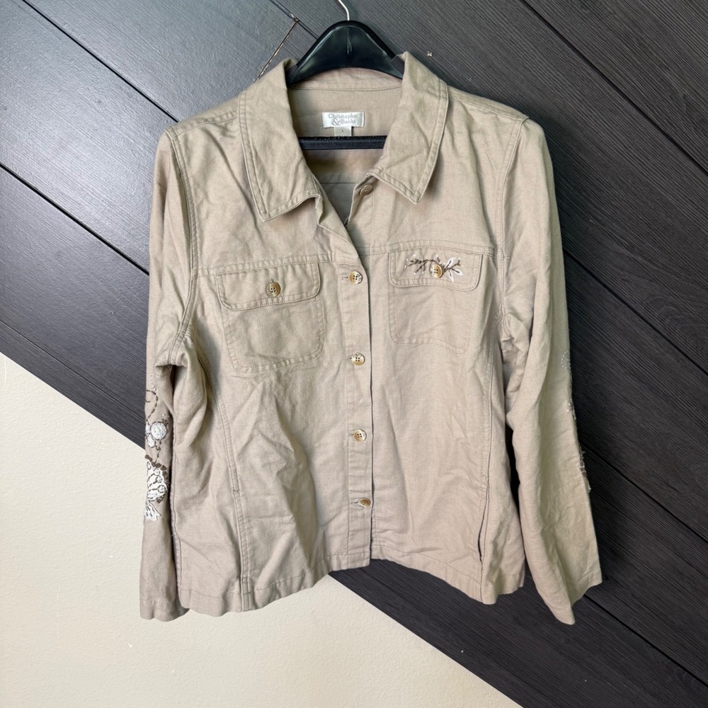 Christopher &‎ Banks Women's Embroidered Linen Blend Jacket Beige Large BOHO